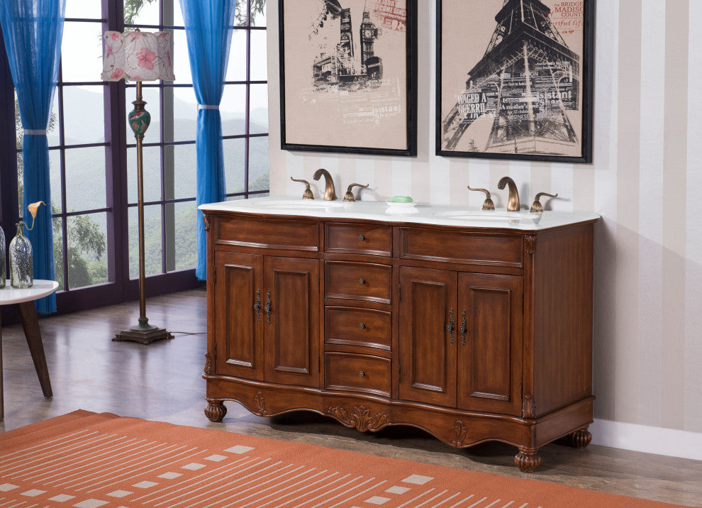 48" Single Bathroom Vanity, Teak Color With ivory white engineered marble, 60