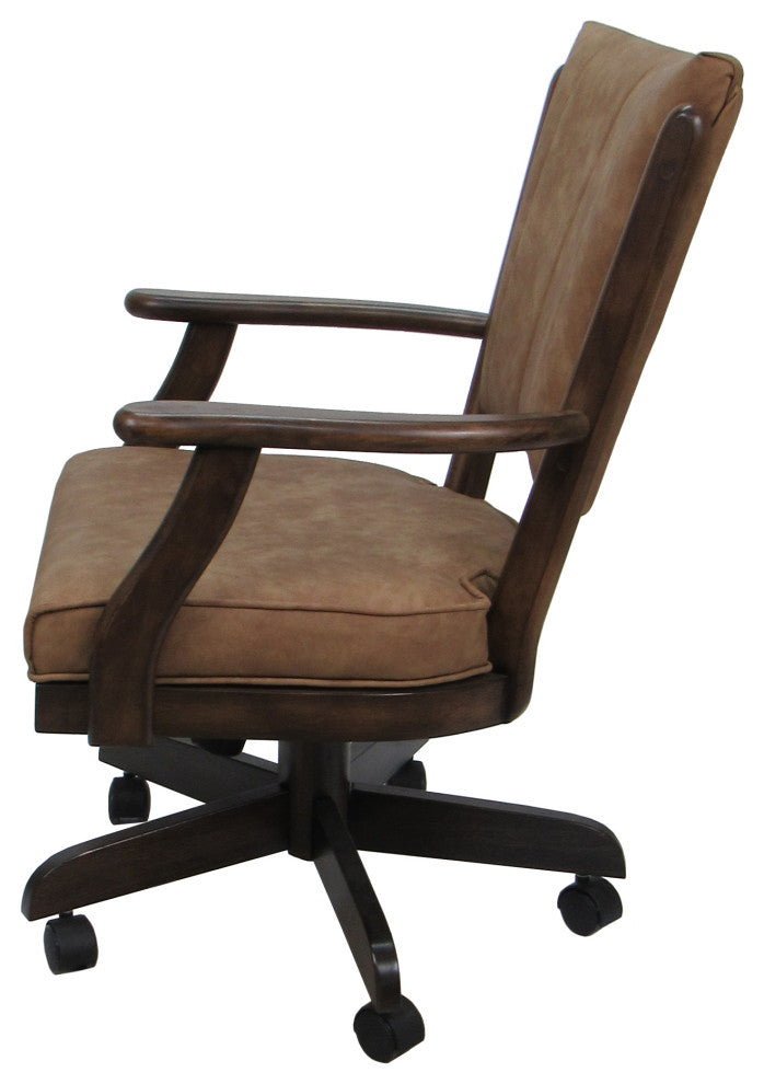 Caster Swivel Dining Chair on Wheels, Solid Wood, Pecan Brown Vinyl Walnut