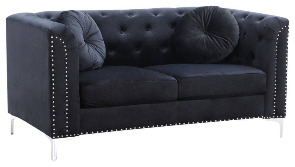 Pompano Velvet Button Tufted Loveseat, Black