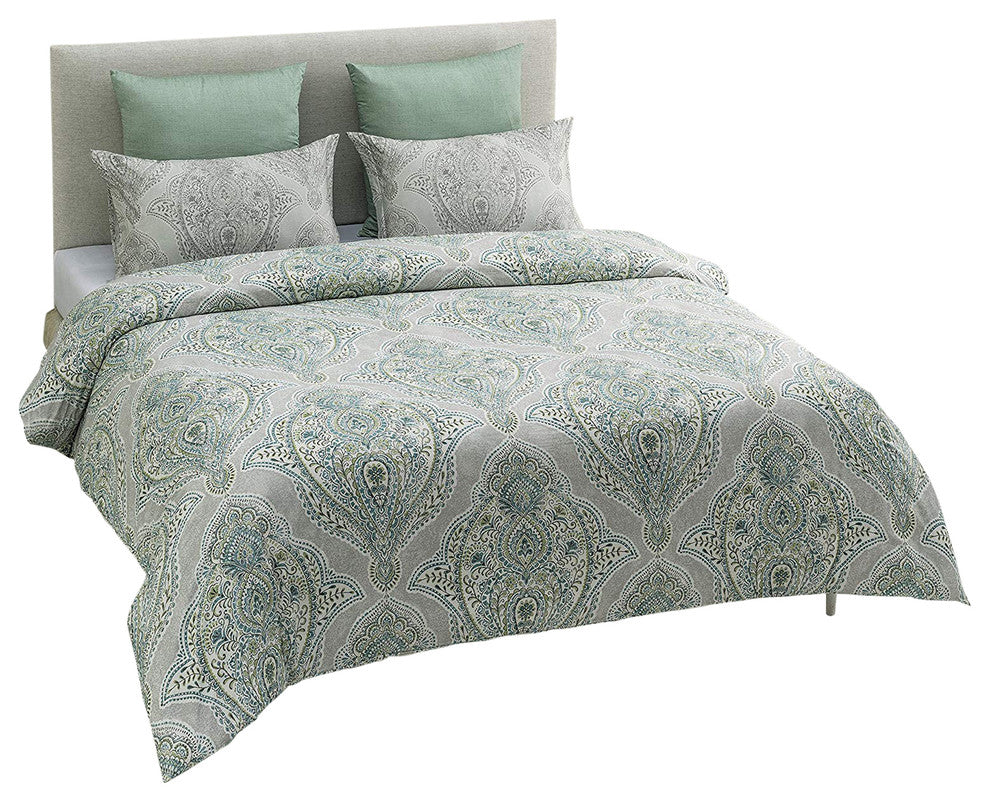 Genia Reversible Print Cotton Duvet Cover and Shams, 3-Piece Set, Queen