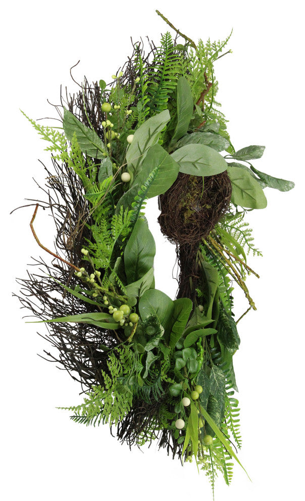 Green and Brown Foliage Artificial Spring Wreath with Nest - 24-Inch, Unlit