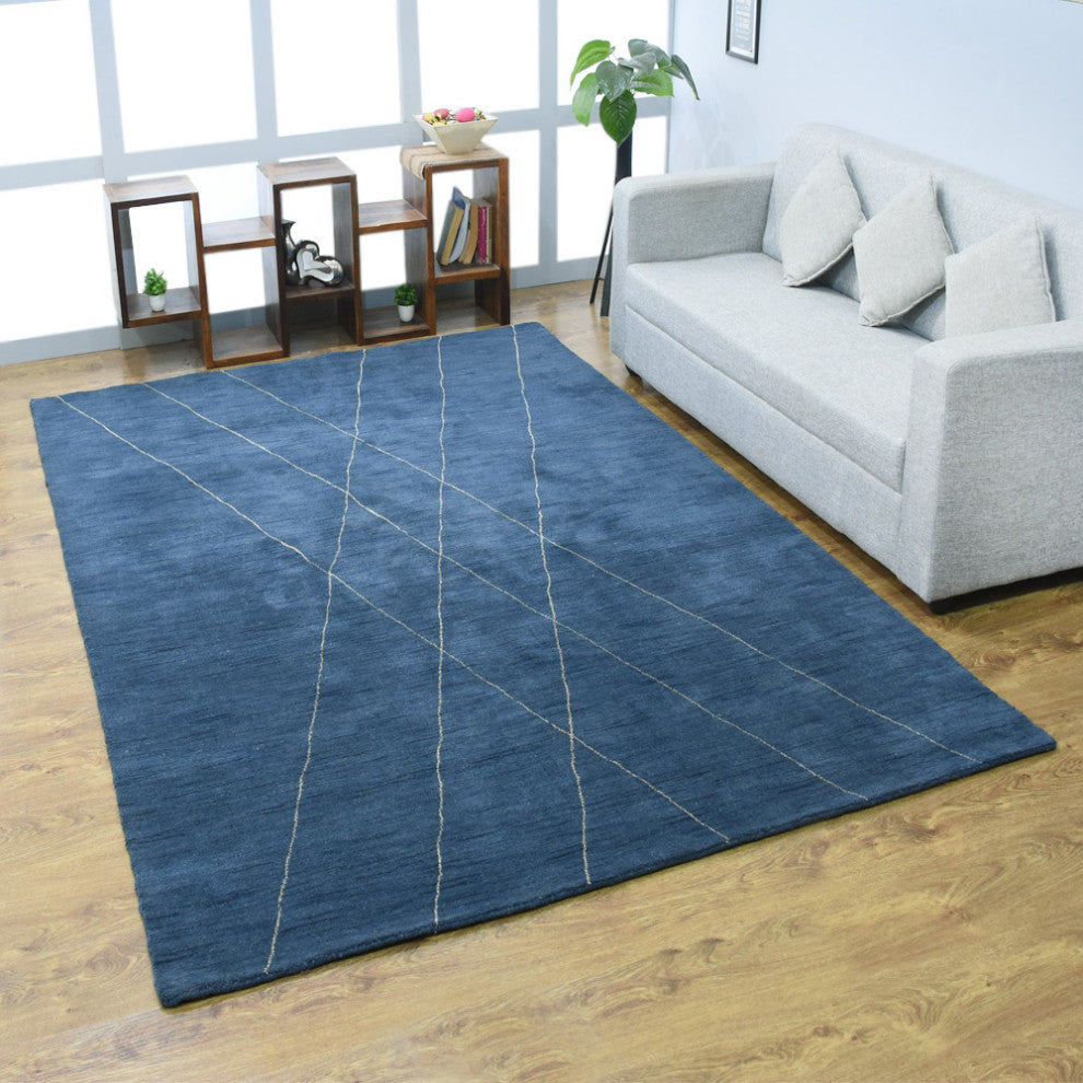 HAND KNOTTED LOOM WOOL ECO - FRIENDLY AREA RUGS - Blue Beige,Geometric