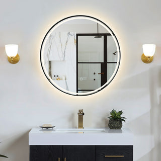 Palme Round Framed Bathroom/Vanity LED Lighted Wall Mirror, Matte Black, 24"