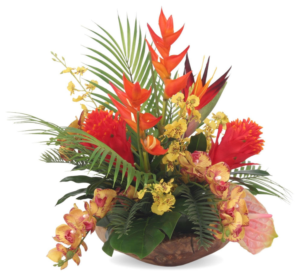Tropical Flower Arrangement, Natural Wood Bowl