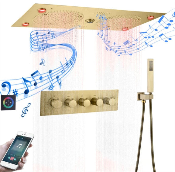 Thermostatic Recessed Ceiling Mount Led Rainfall Shower System, H Brushed Gold