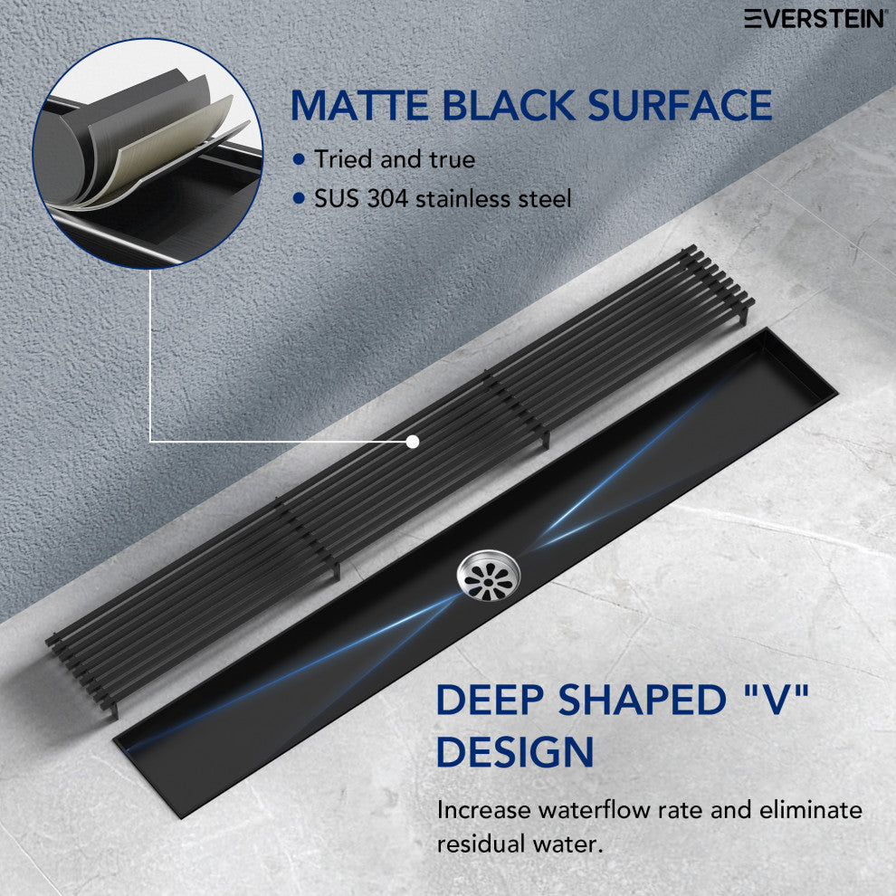 24" Stainless Steel Linear Shower Drain, Tile-In Pattern, Matte Black