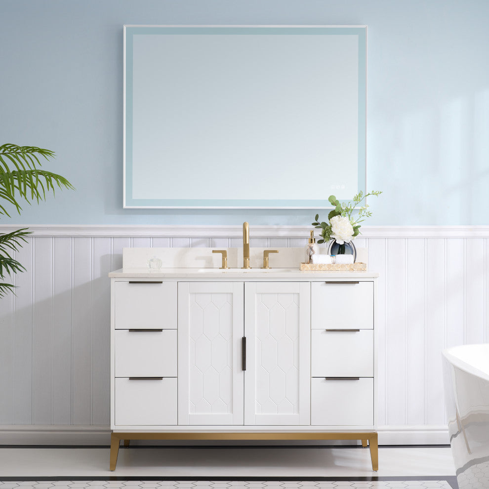 Alison Freestanding Bathroom Vanity with Italian Carrara White Marble Top, White, 48"