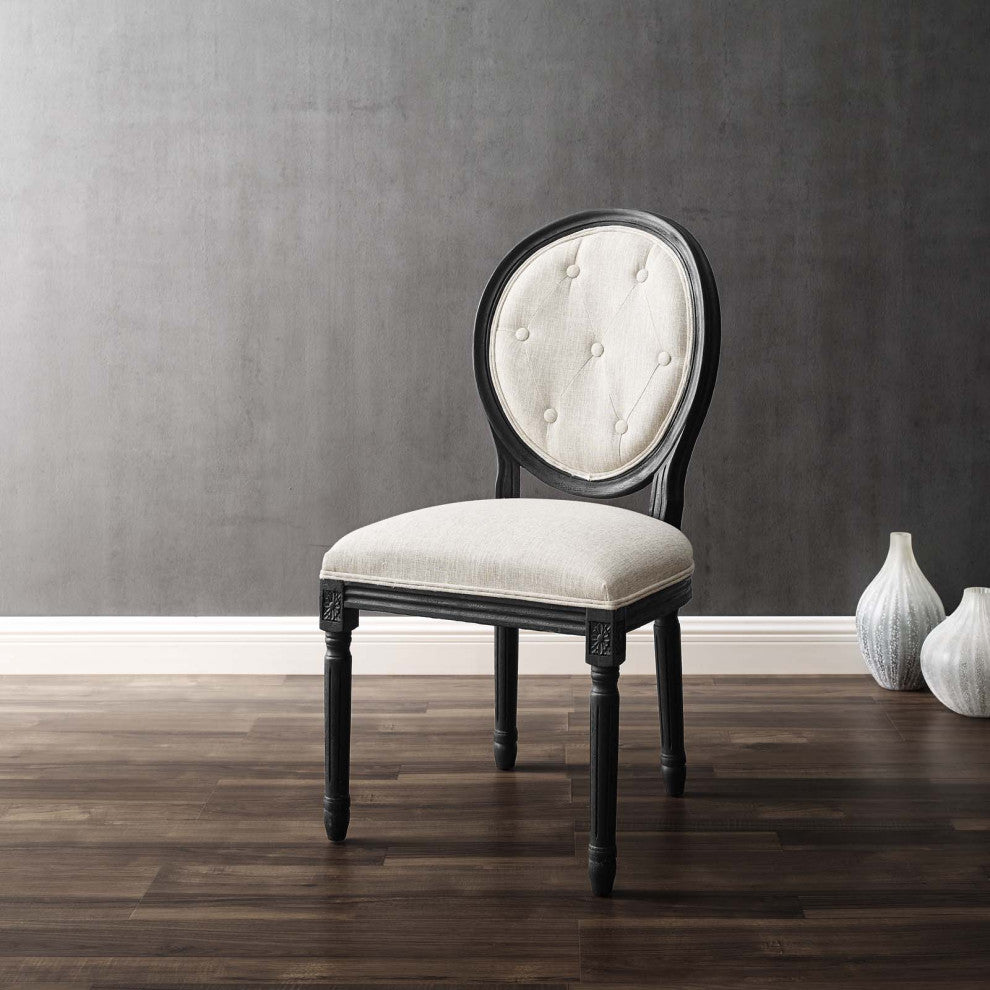 French Vintage Side Dining Chair, Fabric, Wood, Black Beige, Modern, Cafe Bistro