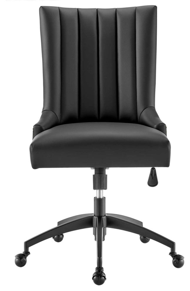Computer Work Desk Tufted Chair, Faux Vegan Leather, Black, Home Business Office