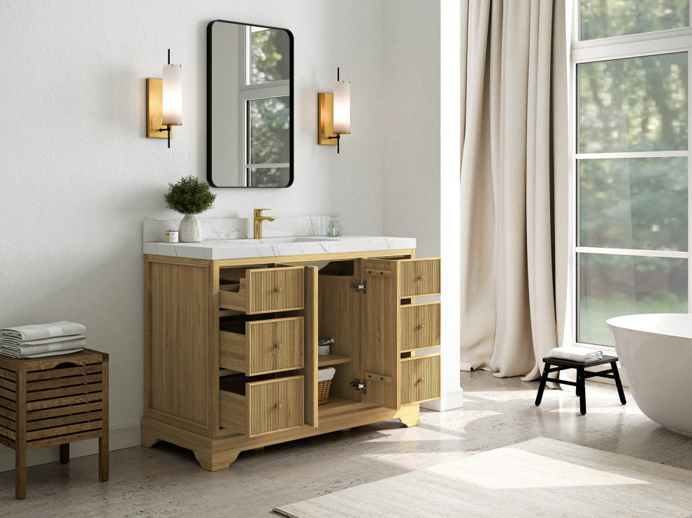 Austin 48 Single Sink Bath Vanity in Light Natural Teak 2" White Quartz