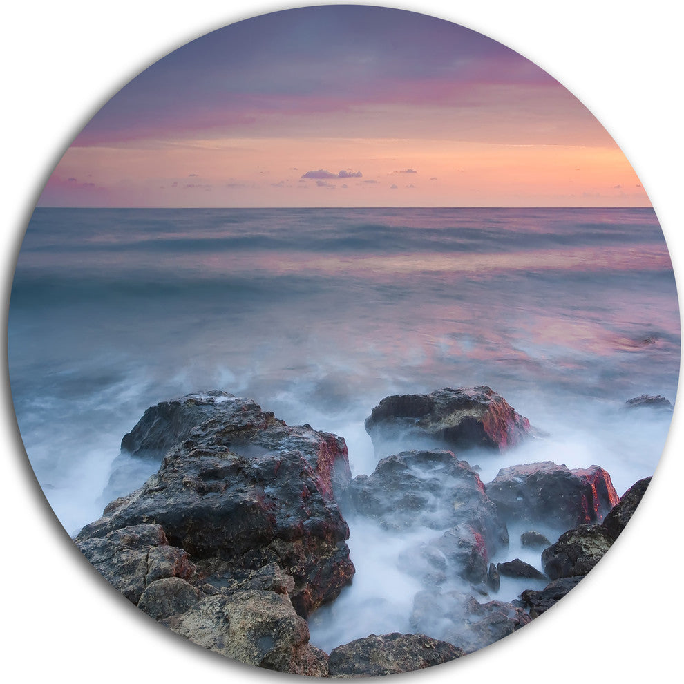Blue Rocky Sea Beach Sunset, Modern Landscape Round Metal Wall Art, 36"