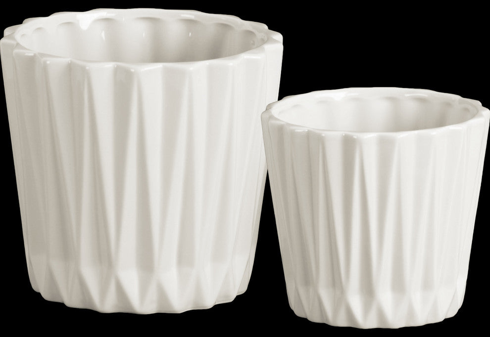 Ceramic Round Vases With Ribbed Design Body, Tapered Bottom, 2-Piece Set, White