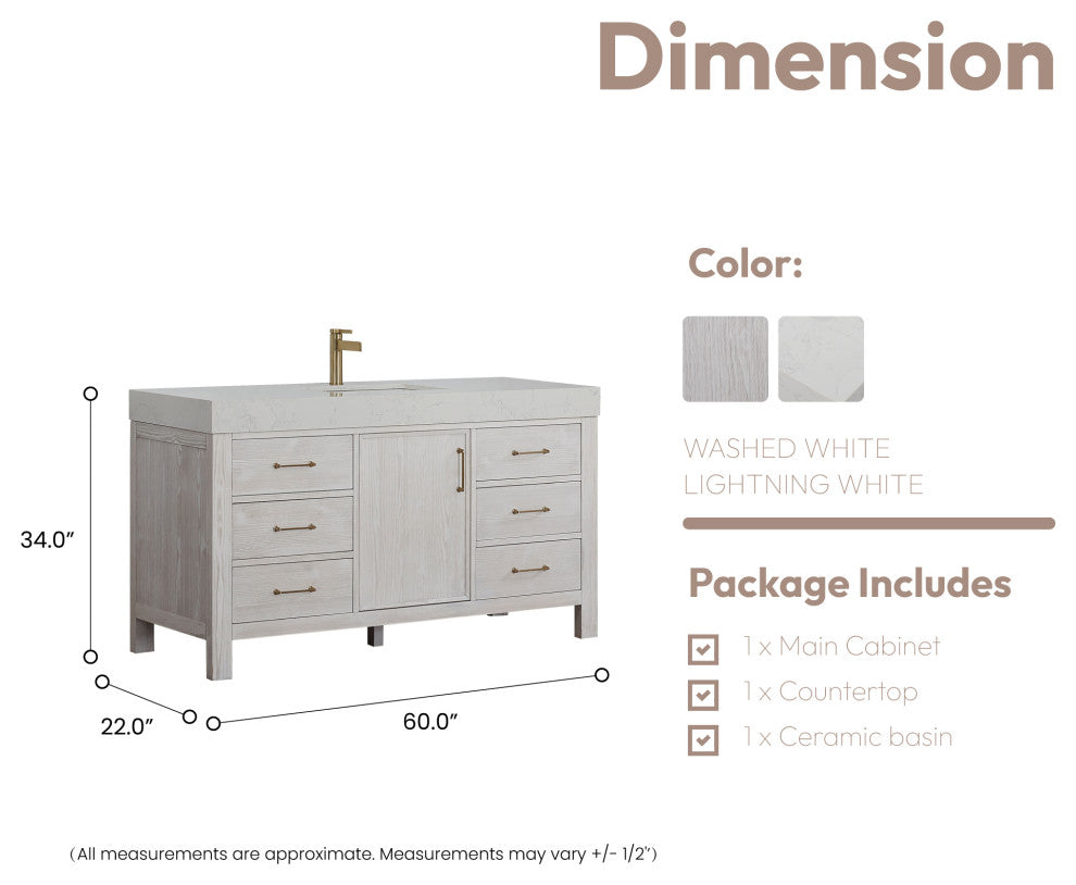 Leon Bath Vanity With Composite Stone Top, Washed White, 60"single Sink, No Mirror