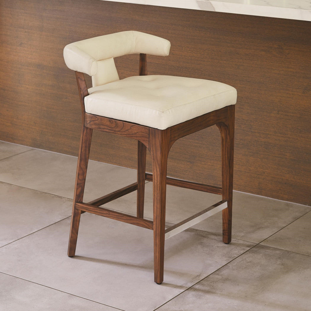 Luxe Sleek Contemporary Ivory Leather Bar Stool 32" Open T Back Walnut Wood