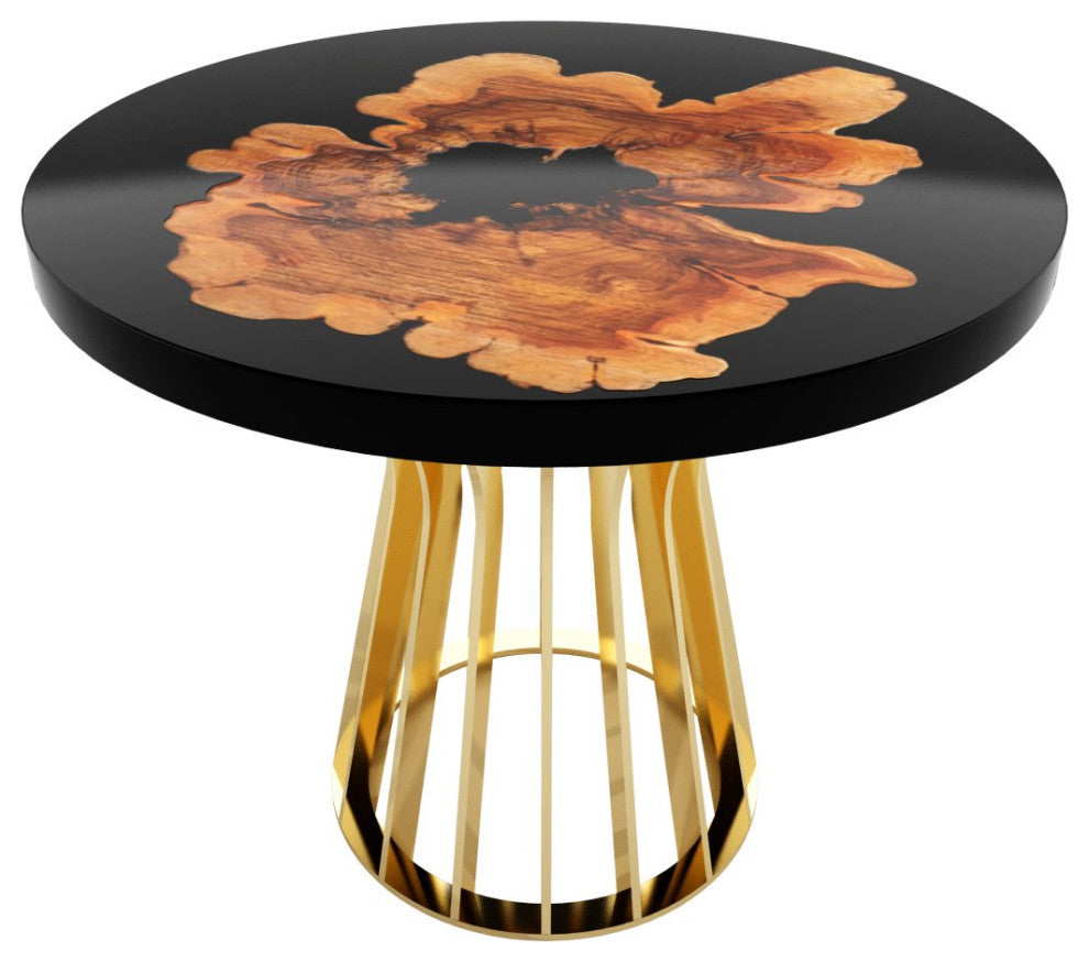 Cross-Cut Olive Wood Round Table, Black Top and Gold Base, 4 Seater