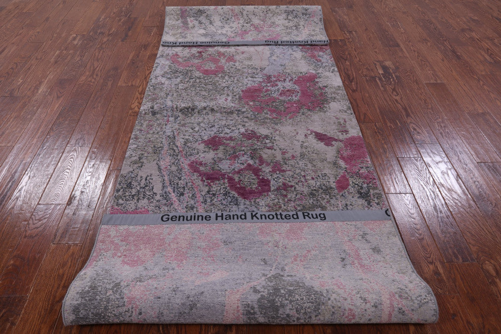 Modern Handmade Wool and Silk Runner Rug 3' 11" X 12' 1" Q9066