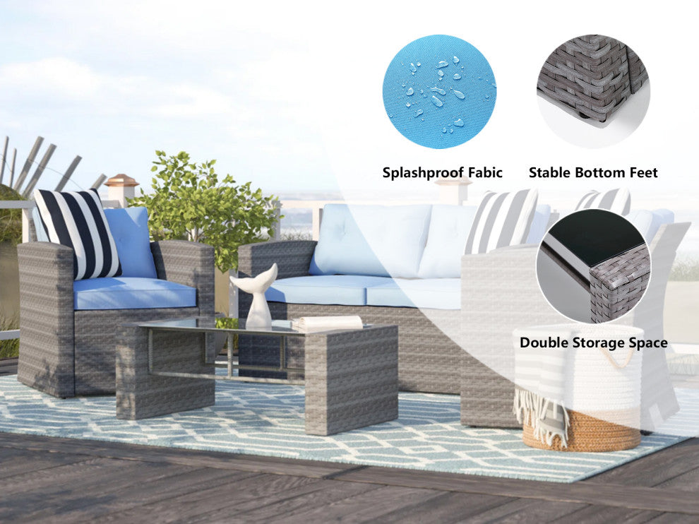 Roatan 4-Piece Light Gray Wicker Outdoor Conversation Set with Cushions