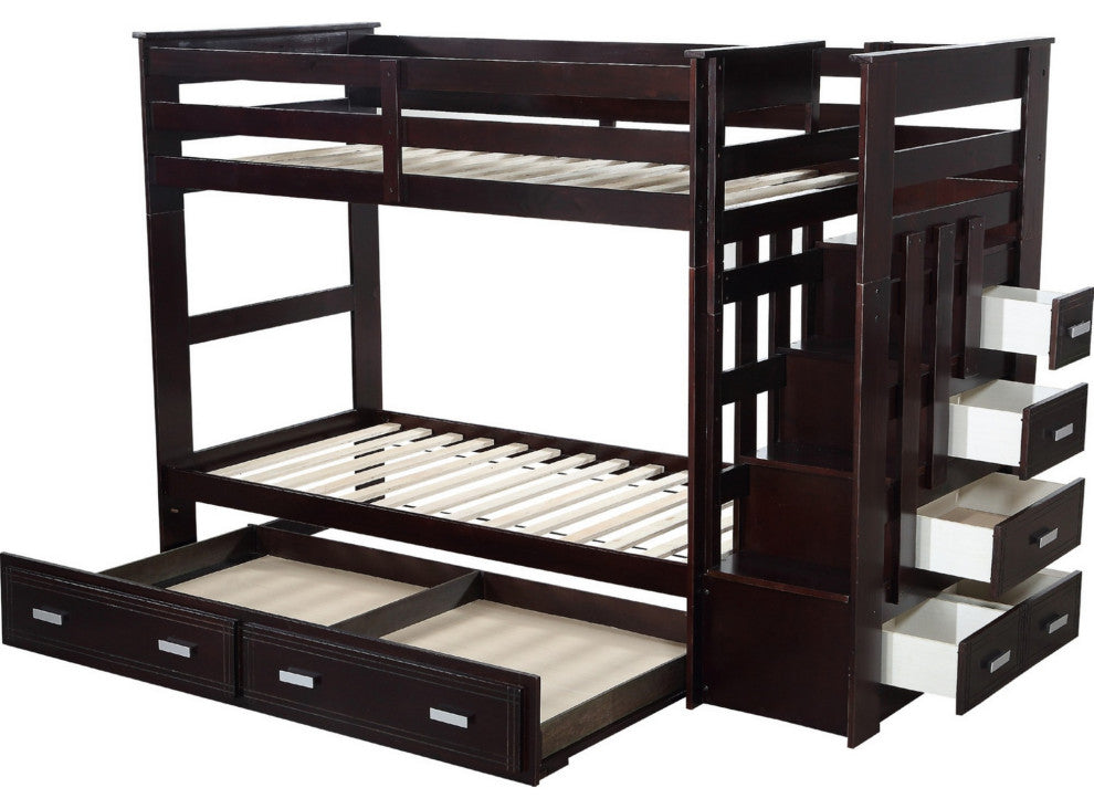 Benzara BM284016 Classic Wood Twin Bunk Bed With Trundle, Storage Ladder, Brown