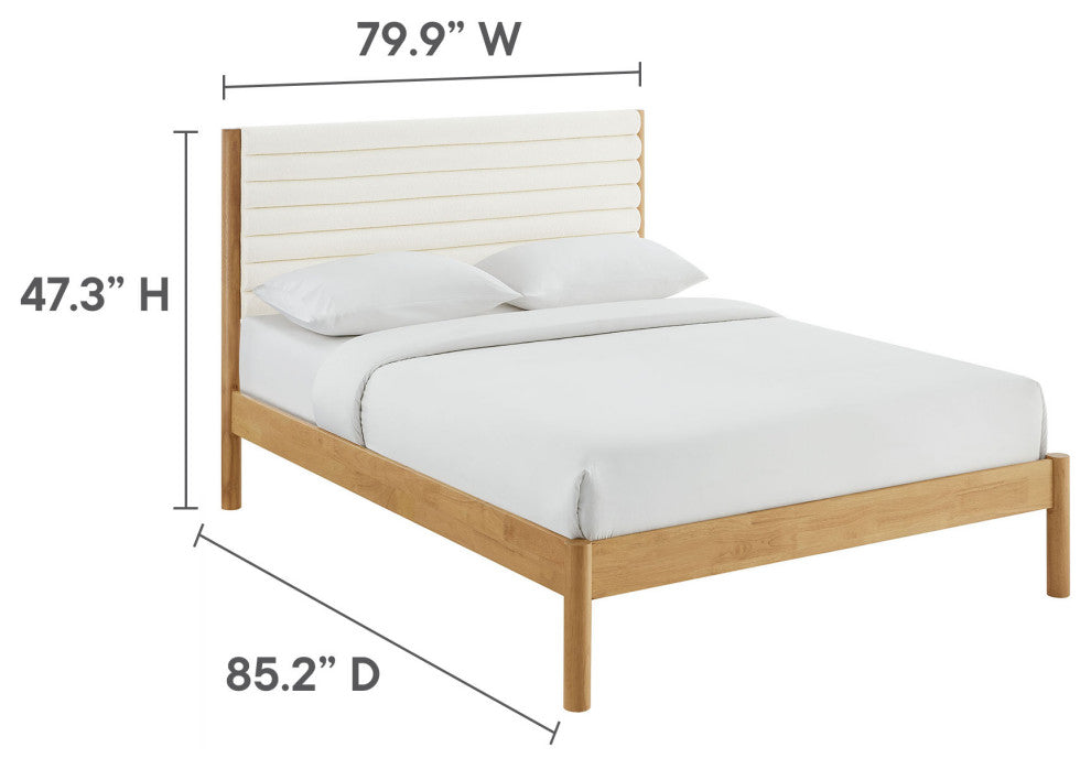 Olea Channel Tufted Boucle Solid Wood King Platform Bed, Feather Oak