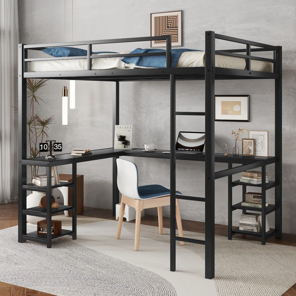 Gewnee Full Metal Loft Bed with Desk and Shelves