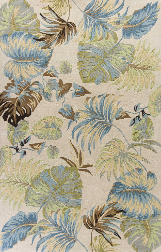 HomeRoots 3' x 5' Ivory or Blue Leaves Wool Area Rug
