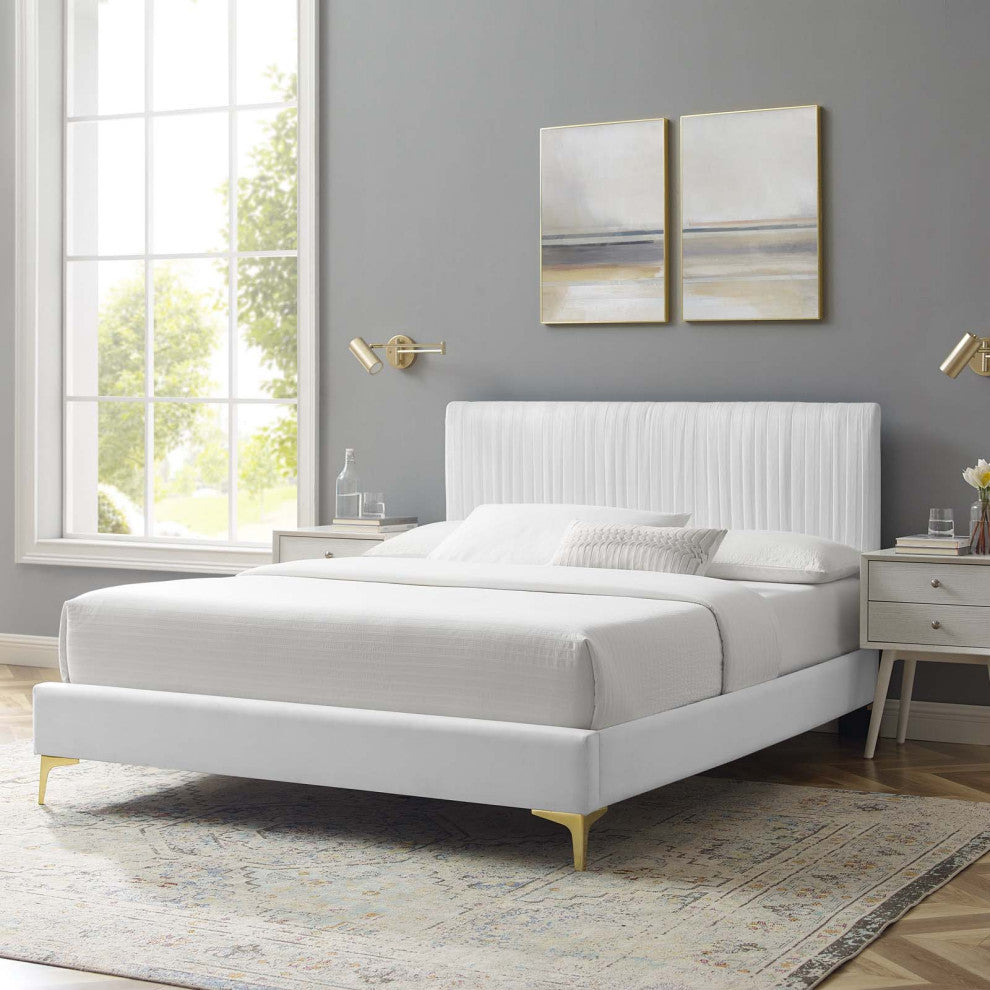 Platform Bed Frame, King Size, Velvet, White, Modern Contemporary, Bedroom