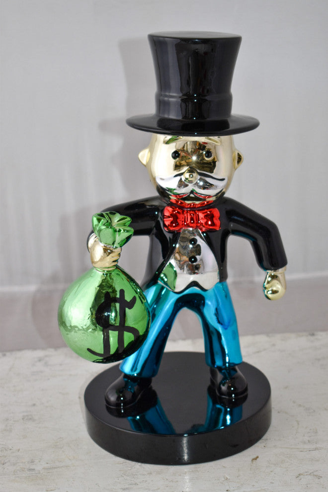Frowning Monopoly Man Holding Money Bag Resin Statue Small Size: 7" x 8" x 15"