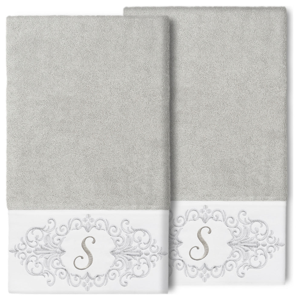 Linum Home Turkish Cotton Monica 2-Piece Embellished Bath Towel Set, Light Gray