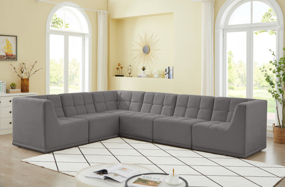 Relax Velvet Upholstered 6-Piece L-Shaped Modular Sectional, Grey