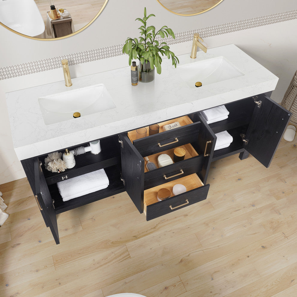 Leon Bath Vanity With Composite Stone Top, Fir Wood Black, 72", With Mirror