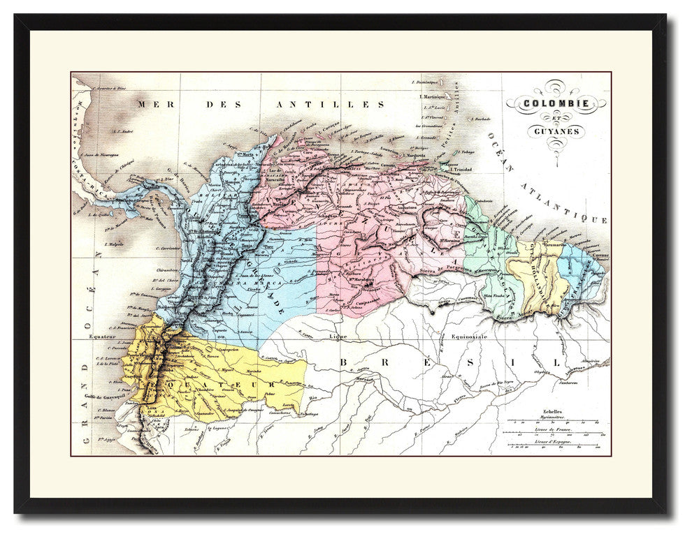 Columbia Venezuela Guianna Vintage Antique Map Wall Art, 28"x37"