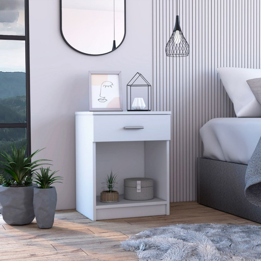 FM FURNITURE Pictor Bedroom Nightstand, with One Drawer, Lower Shelf - White
