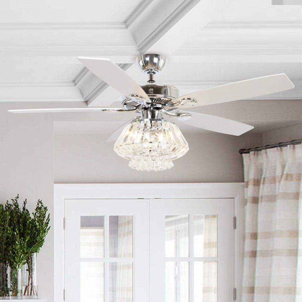 Modern Crystal Ceiling Fan With Lights and Remote Control, 5 Blades, Chrome