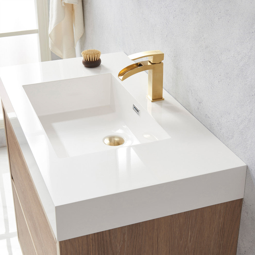 Huesca Bath Vanity, Integrated Sink Top, North American Oak, 36", Without Mirror