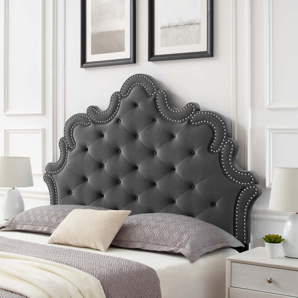 Tufted Headboard, Nailhead, Twin, Charcoal Gray, Velvet, Modern