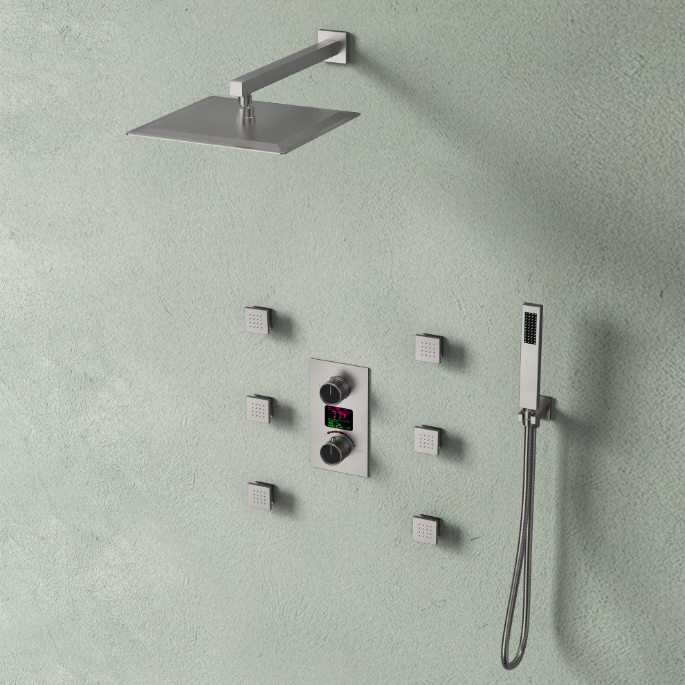 LED Temperature Digital Display Shower System With Body Jets, Brushed Nickel, 12 Inches