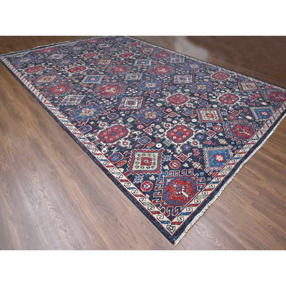 Charcoal Black Supple Pure Wool Hand Knotted Oversize Oriental Rug 12'x18'