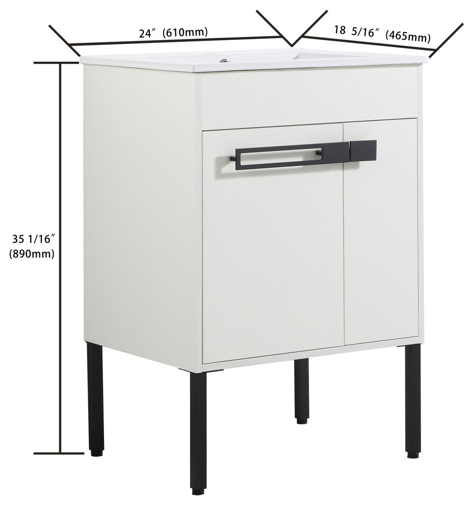 Freestanding/Floating Bathroom Vanity With white Ceramics Top, White, 24"