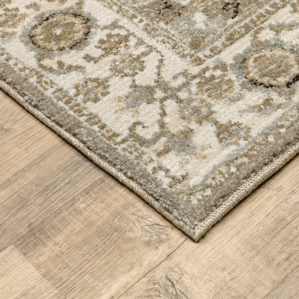 Adeline Faded Borders Grey and Ivory Area Rug, 10'x13'2"