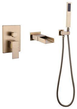 Modern Wall Mounted Dual Handle Bathtub Faucet with Hand Shower, Brushed Gold