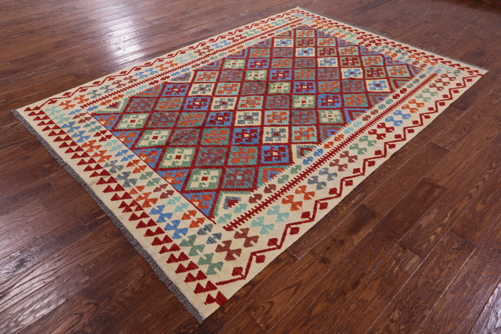 6' 7" X 9' 5" Flat Weave Kilim Wool On Wool Rug - Q12550