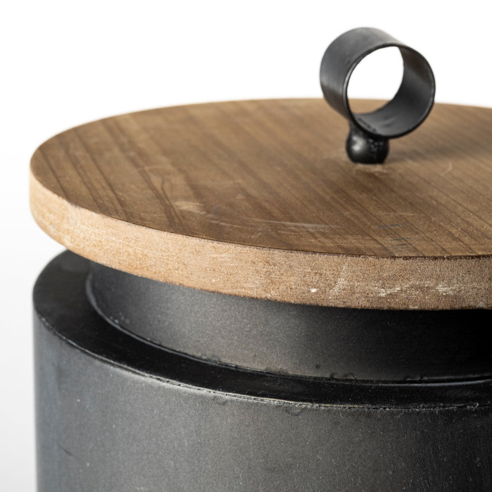 Set of Two Gray Metal Cannisters With Wooden Lids