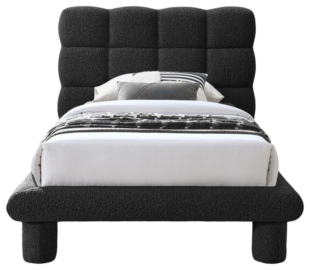 Deco Boucle Fabric Upholstered Full Bed, Black, Twin