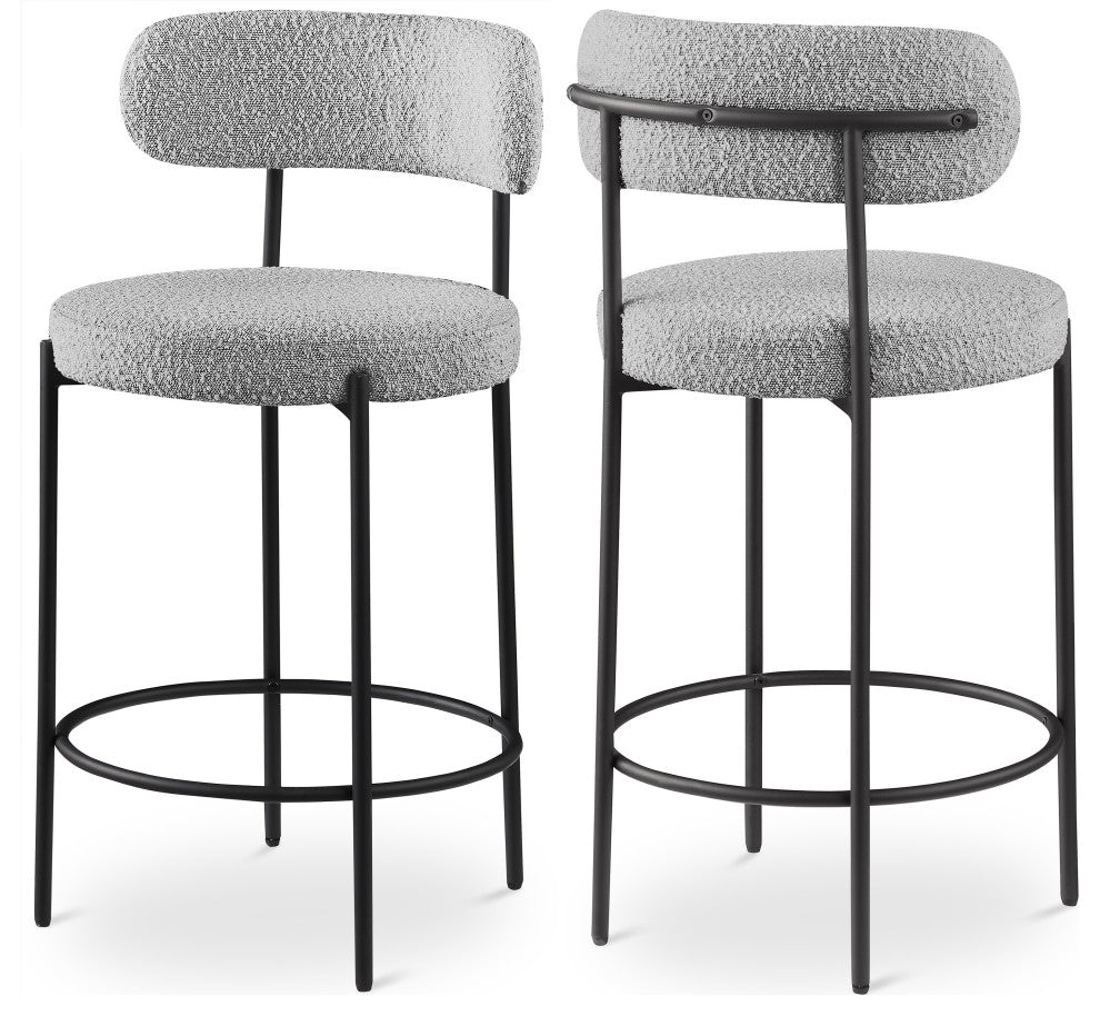 Beacon Upholstered Stool, Set of 2, Grey, Matte Black Finish, Boucle Fabric