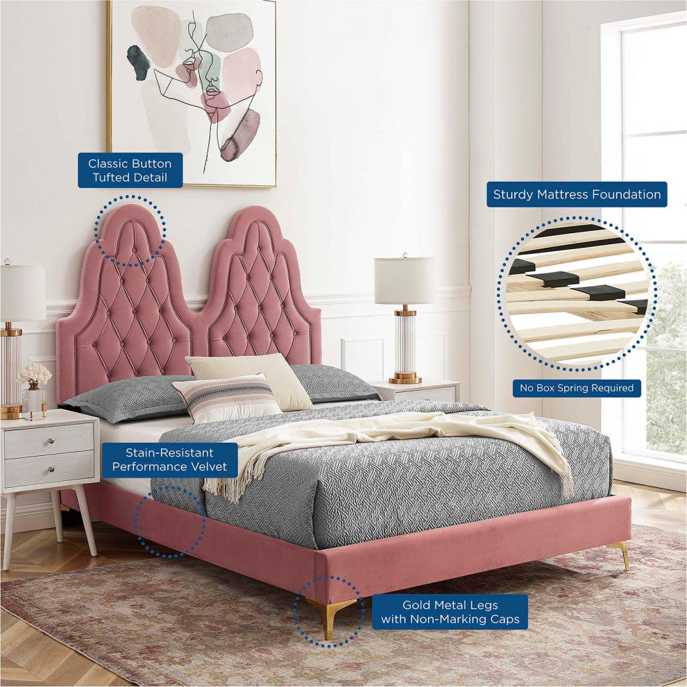 Tufted Platform Bed Frame, Full Size, Velvet, Pink, Modern Contemporary, Bedroom