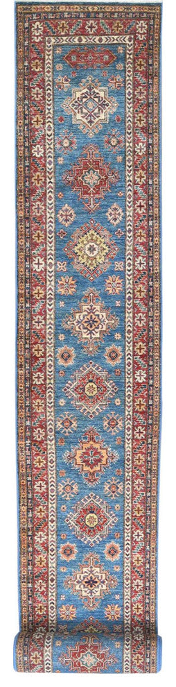 Denim Blue Soft Wool Hand Knotted Afghan Super Kazak XL Runner Rug, 2'7"x34'0"