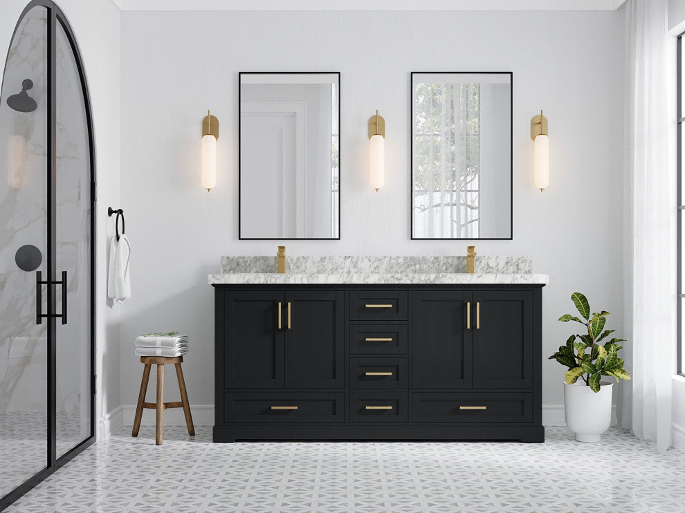 Boston 72" Double Sink Bath Vanity, Wrought Iron 2" Carrara Marble