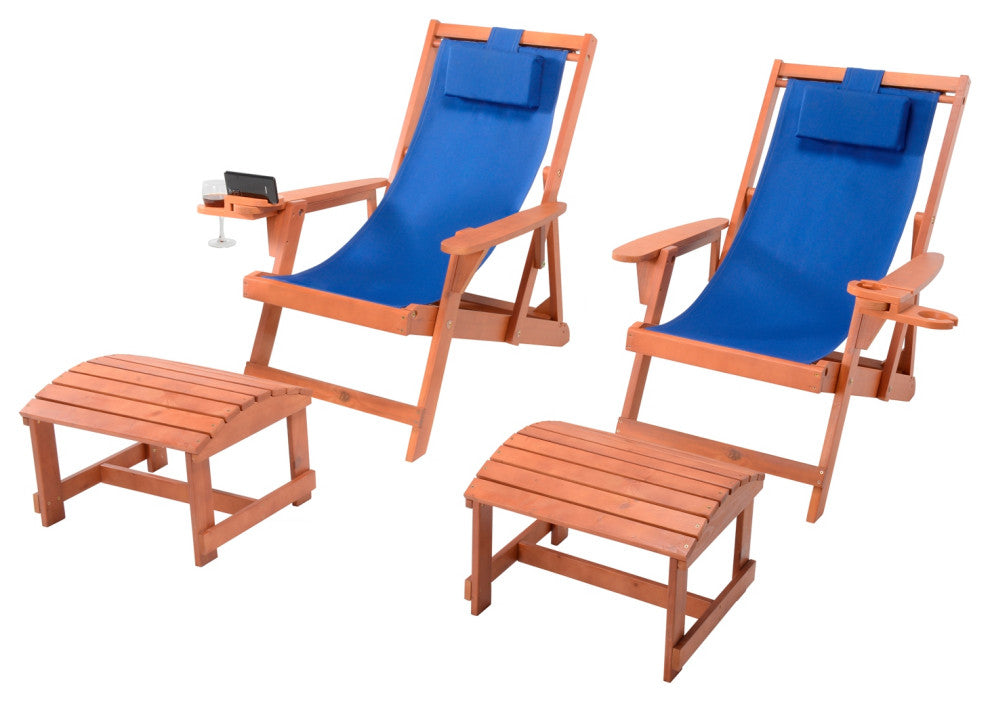 Romantic Collection Canvas Sling Chair with Cup and Wine Holder, Walnut Frame Bl