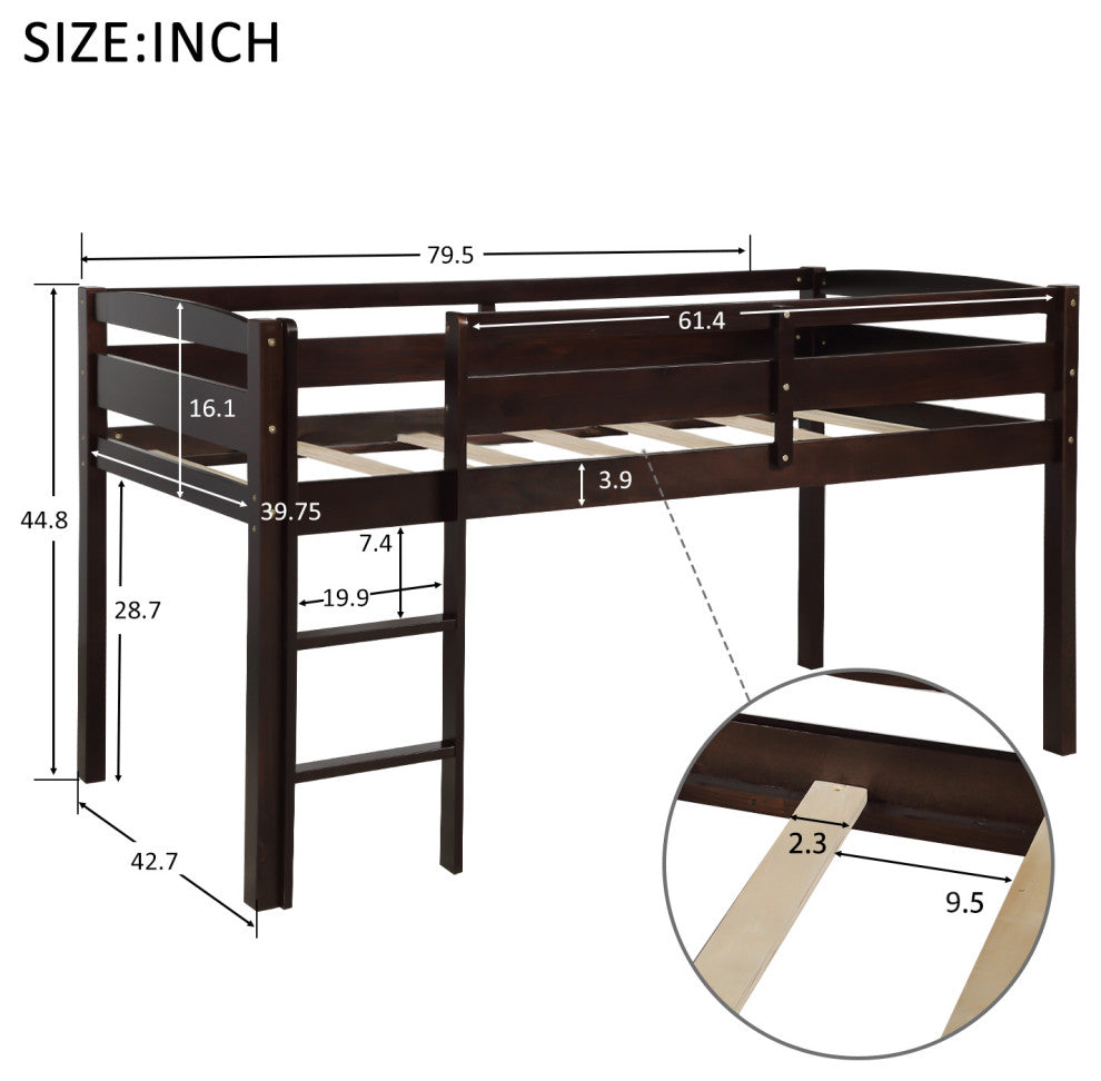 Gewnee Wood Twin Low Loft Bed with Ladder in Espresso