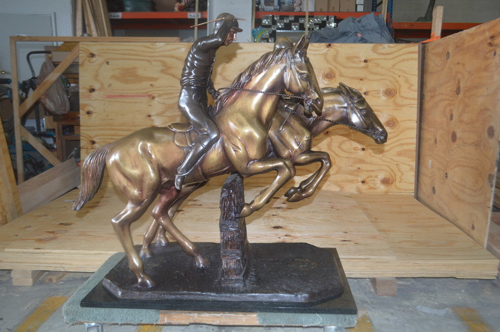 Two Horse Riders Racing Each Other Bronze Statue -  Size: 45"L x 21"W x 42"H.